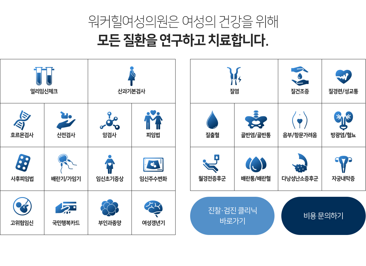 워커힐여성의원은 여성의 건강을 위해 모든 질환을 연구하고 치료합니다.